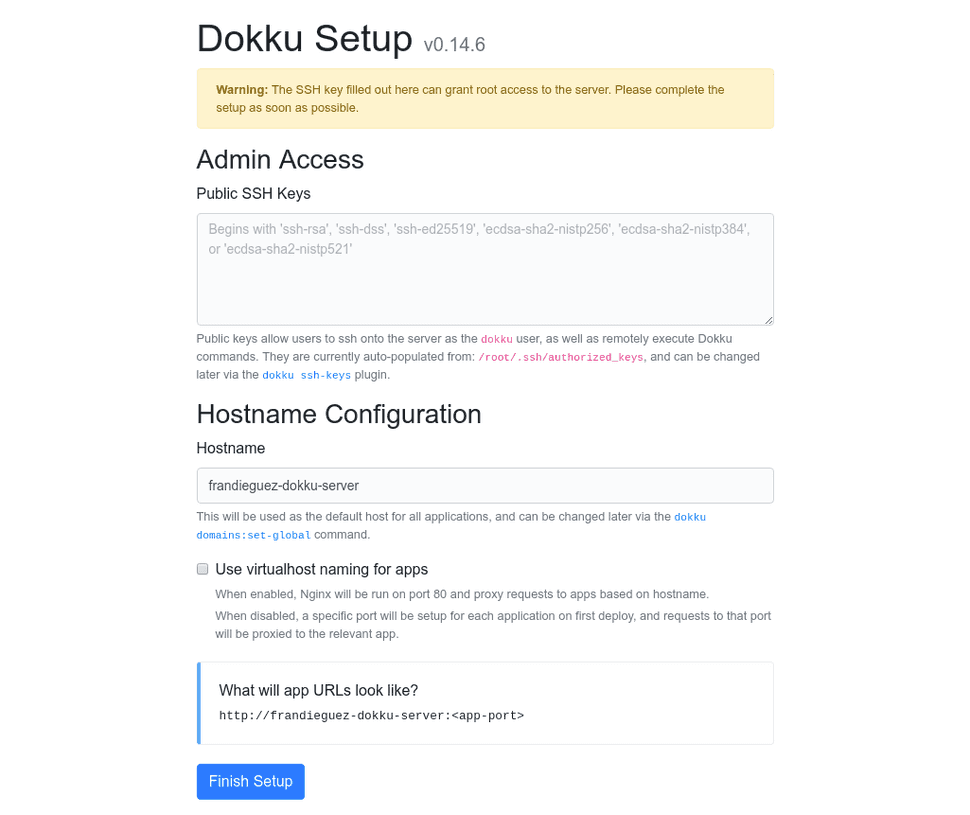 Dokku initial configuration form page